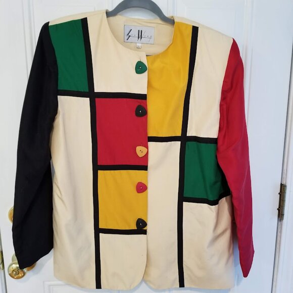 Vintage Sue Wong Silk Color Block Blazer Size Large Designer 80s Artsy
